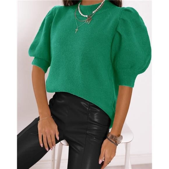 Women's Trendy Crew Neck Puff Short Sleeve Sweater Tops for Spring and Summer - Picture 3 of 6